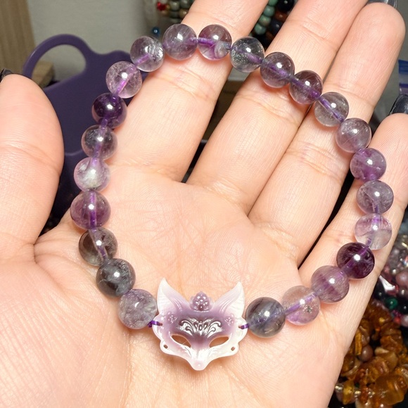 Fluorite Bracelet | 8mm Purple Blue Green Fluorite | Mother of Pearl Fox Charm - Picture 2 of 6